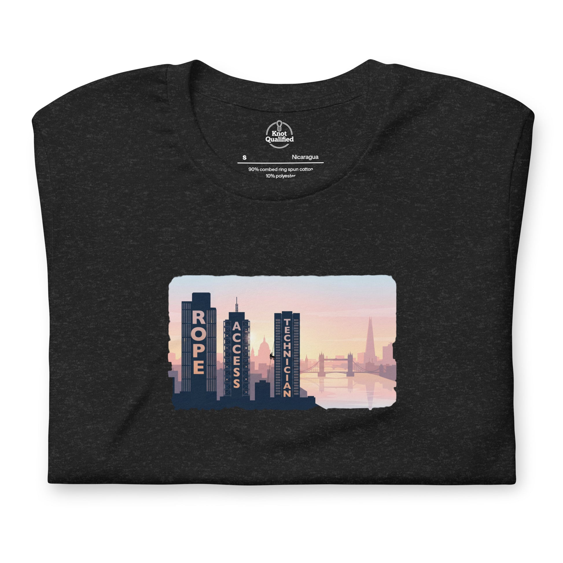 Black heather unisex T-shirt featuring London skyline design, perfect for rope access technicians by Knot Qualified.