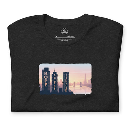 Black heather unisex T-shirt featuring London skyline design, perfect for rope access technicians by Knot Qualified.