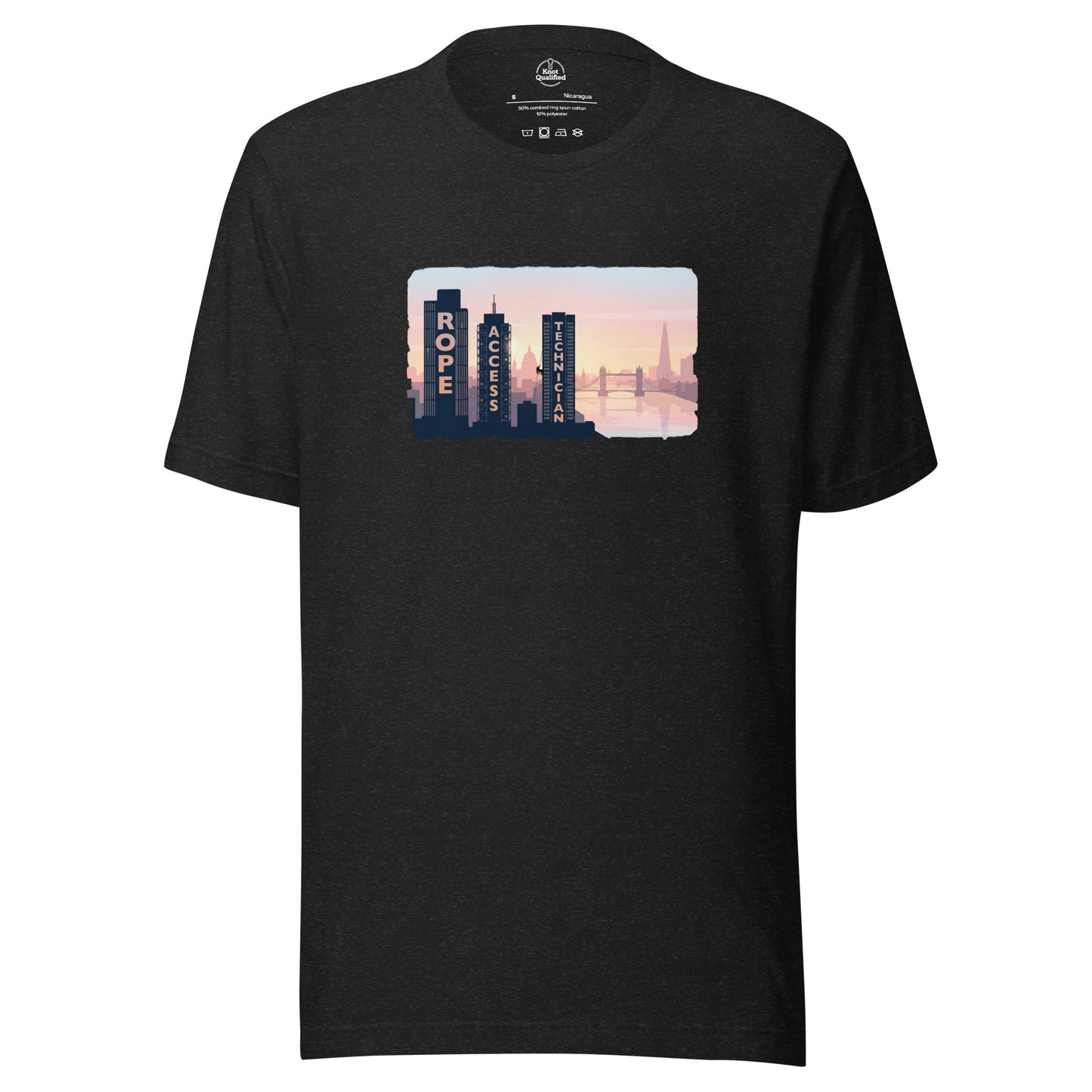 Black heather unisex T-shirt featuring a London skyline design, ideal for rope access technicians by Knot Qualified.