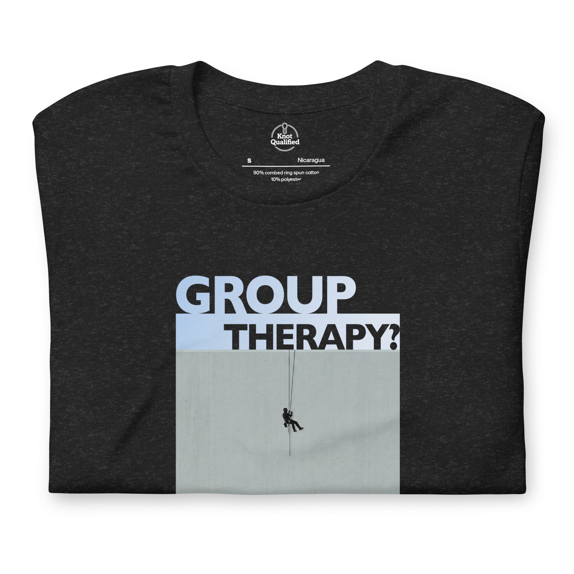 Black heather unisex t-shirt featuring "Group Therapy? No Thanks." design by Knot Qualified for rope access technicians.
