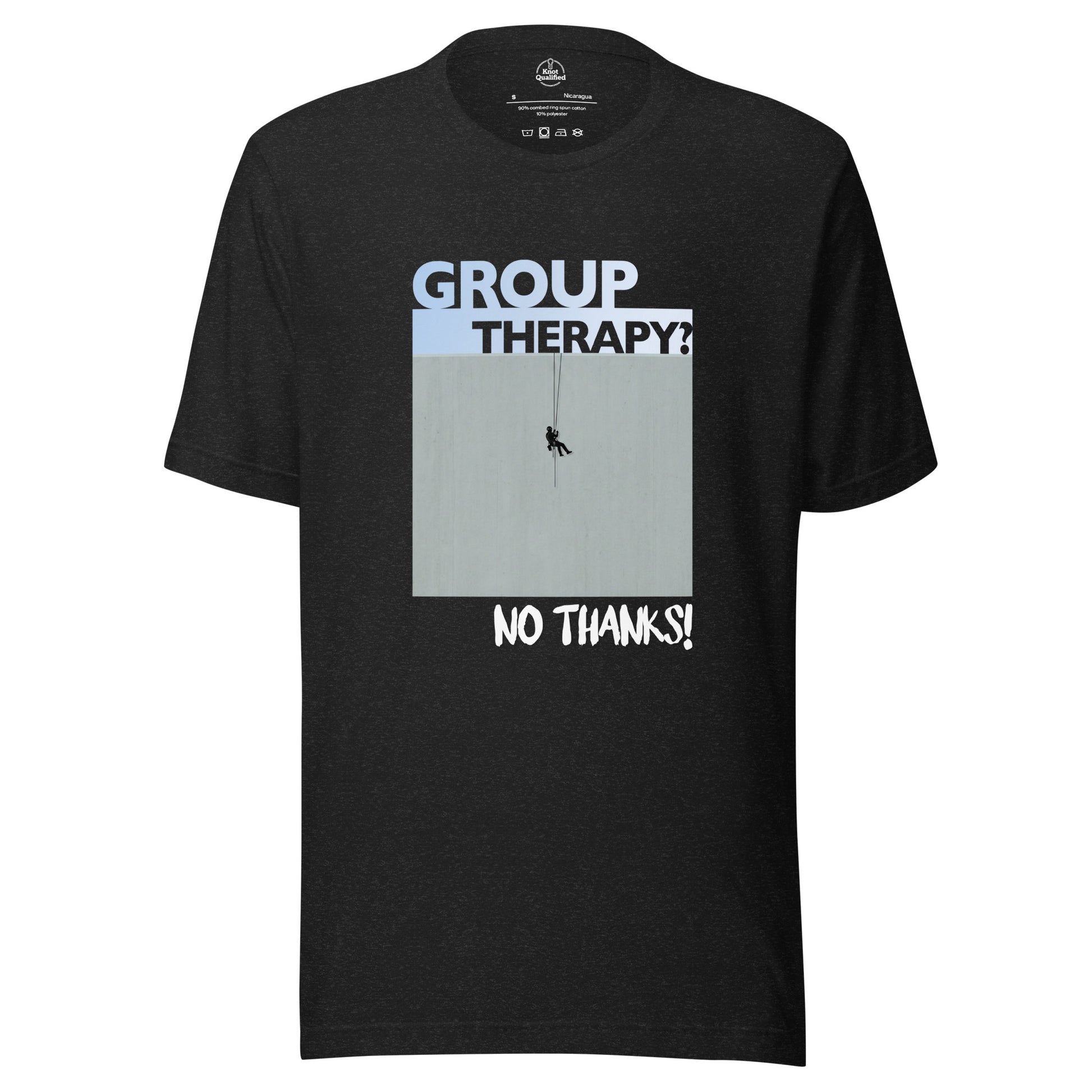 Black heather unisex T-shirt featuring "Group Therapy? No Thanks." design for rope access technicians by Knot Qualified.