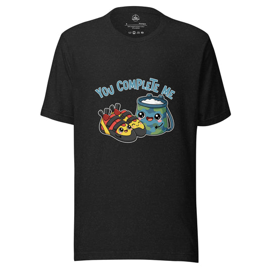 Black heather unisex T-shirt featuring "You Complete Me" graphic, ideal for rock climbing and bouldering enthusiasts.