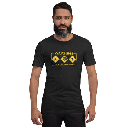 Black heather unisex T-shirt by Knot Qualified featuring "Warning Type 2 Fun In Progress" graphic for outdoor enthusiasts.
