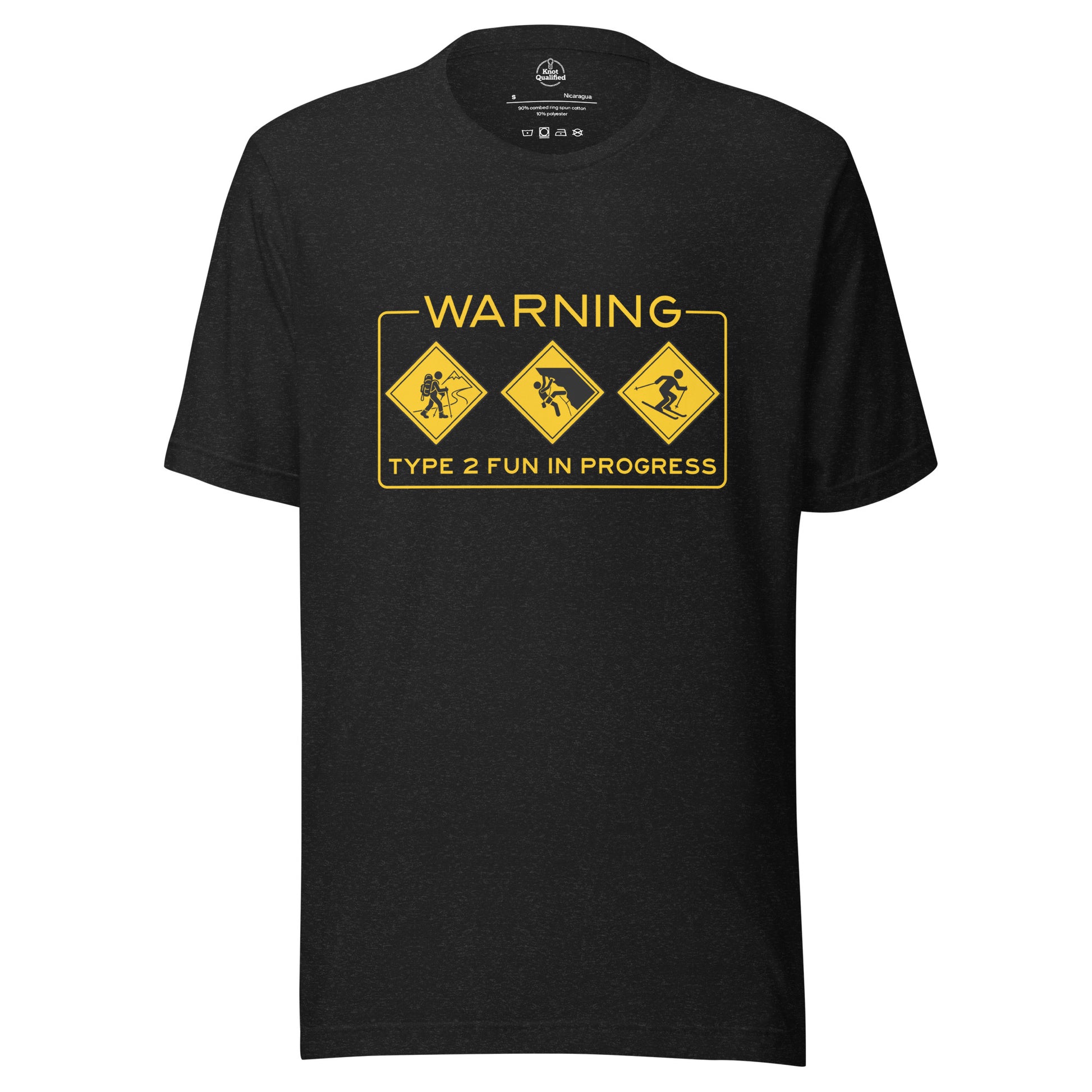 Black heather unisex T-shirt featuring "Warning Type 2 Fun In Progress" design by Knot Qualified for outdoor enthusiasts.