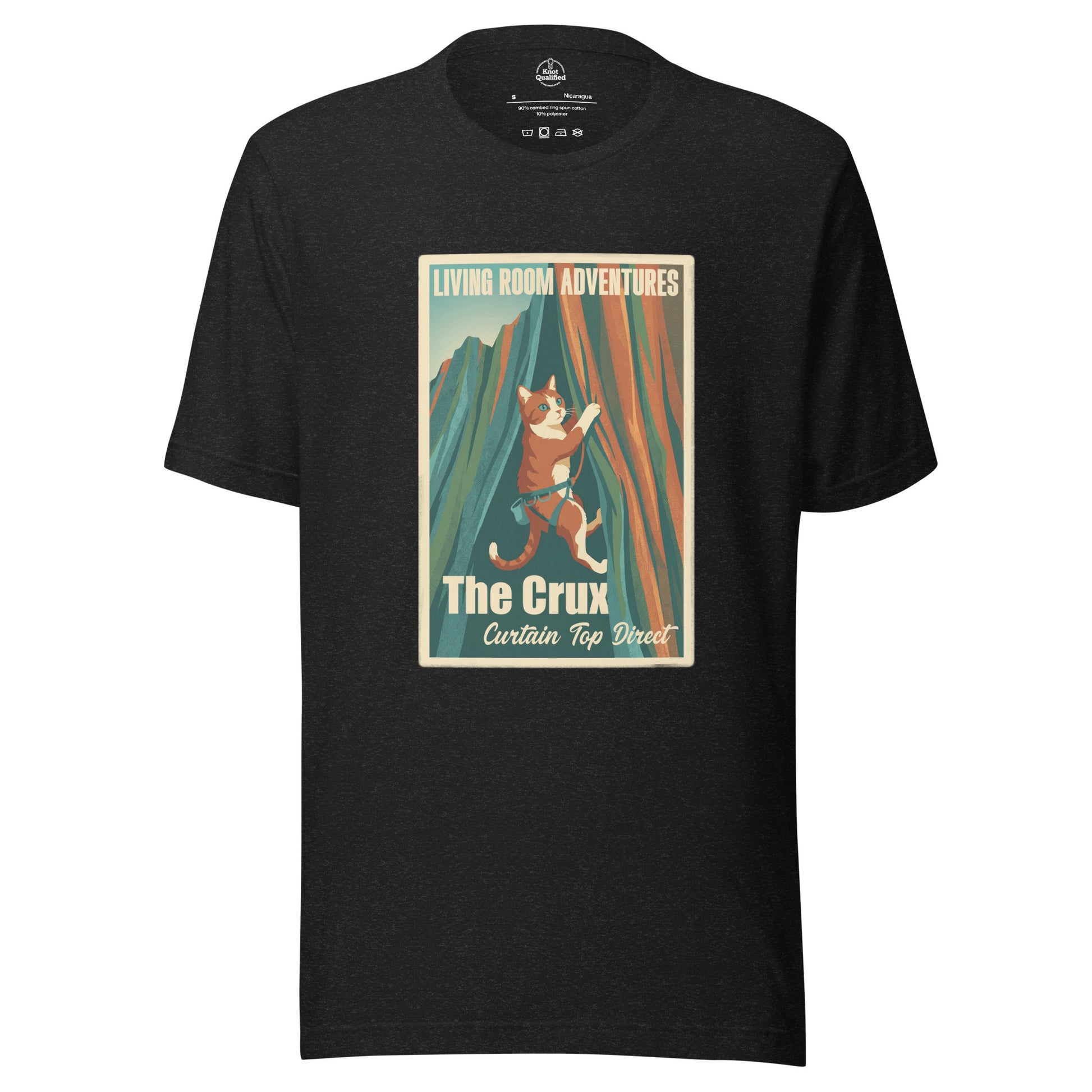 Black heather unisex T-shirt featuring a funny rock climbing cat design by Knot Qualified.