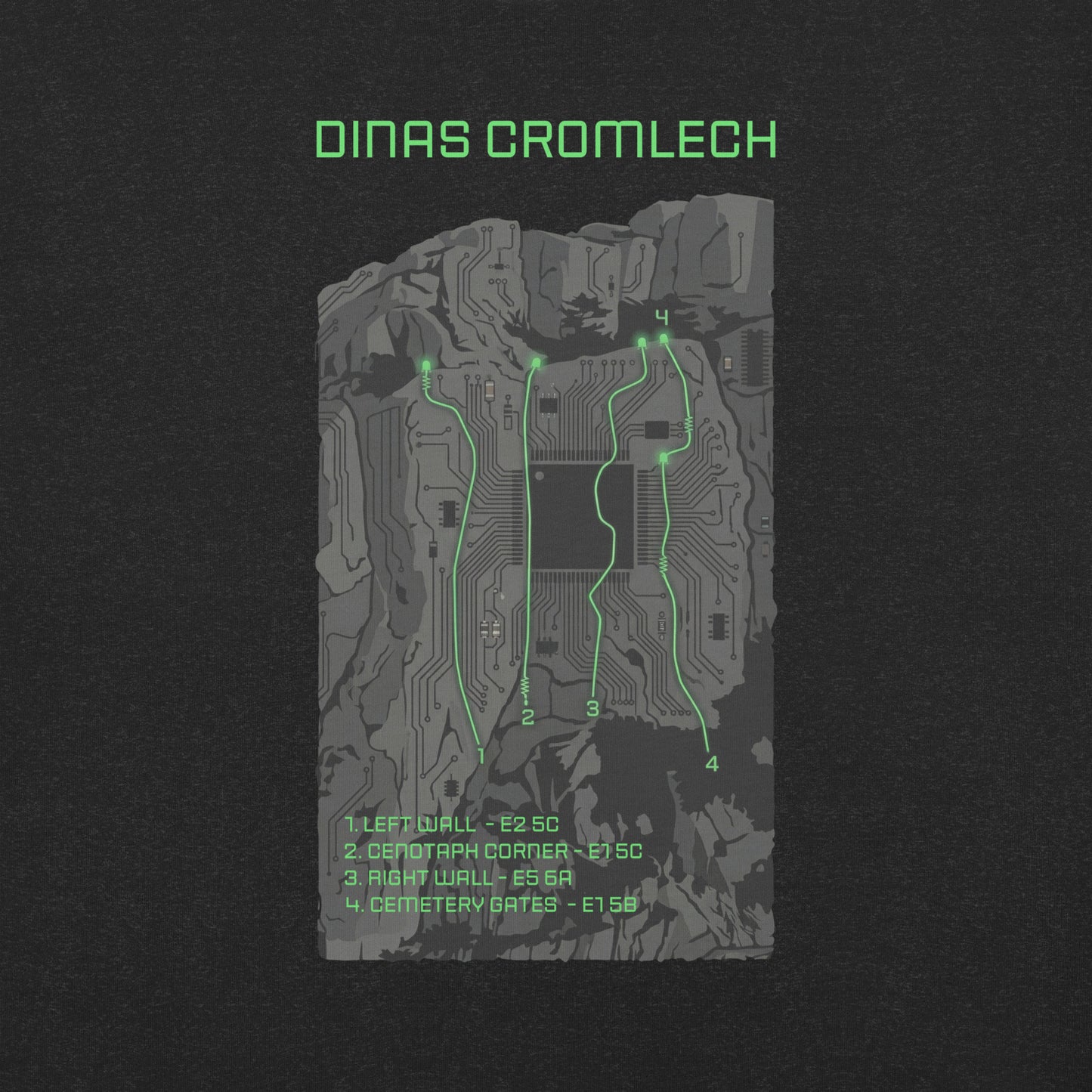 Black heather Cenotaph Corner Climbing Topo T-Shirt by Knot Qualified featuring a Dinas Cromlech Trad design.
