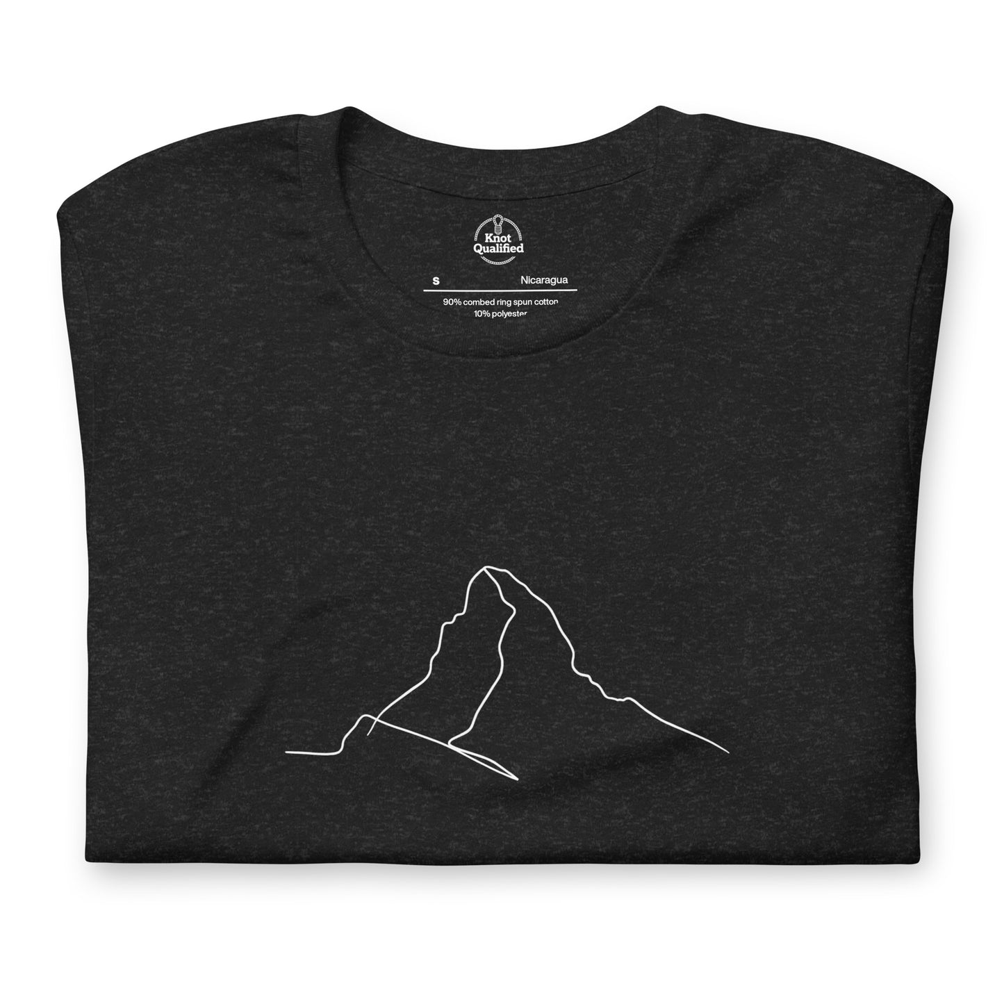 Black heather unisex t-shirt featuring minimalist Matterhorn line art in Picasso style by Knot Qualified.