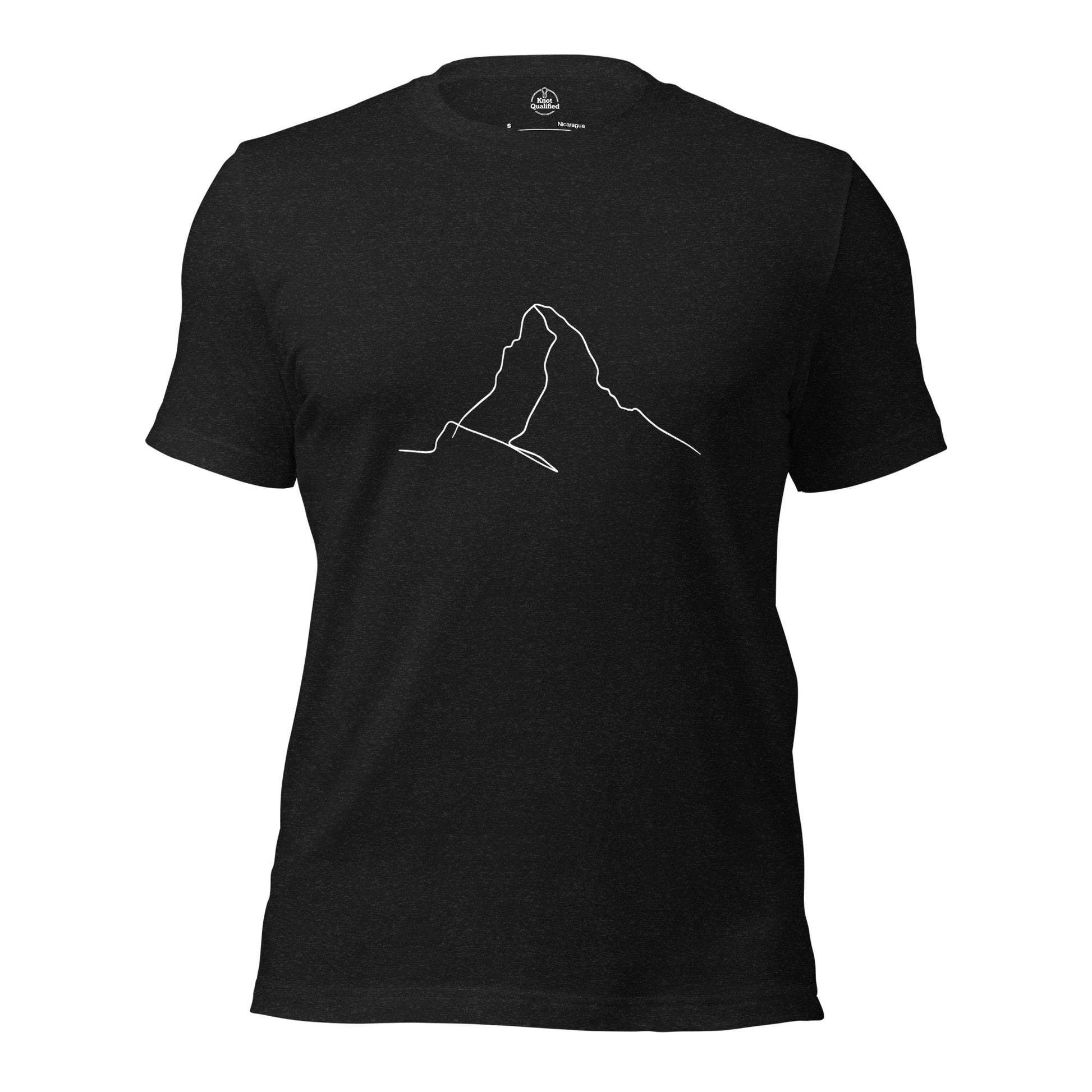 Black heather unisex t-shirt featuring minimalist Matterhorn line art in Picasso style by Knot Qualified.