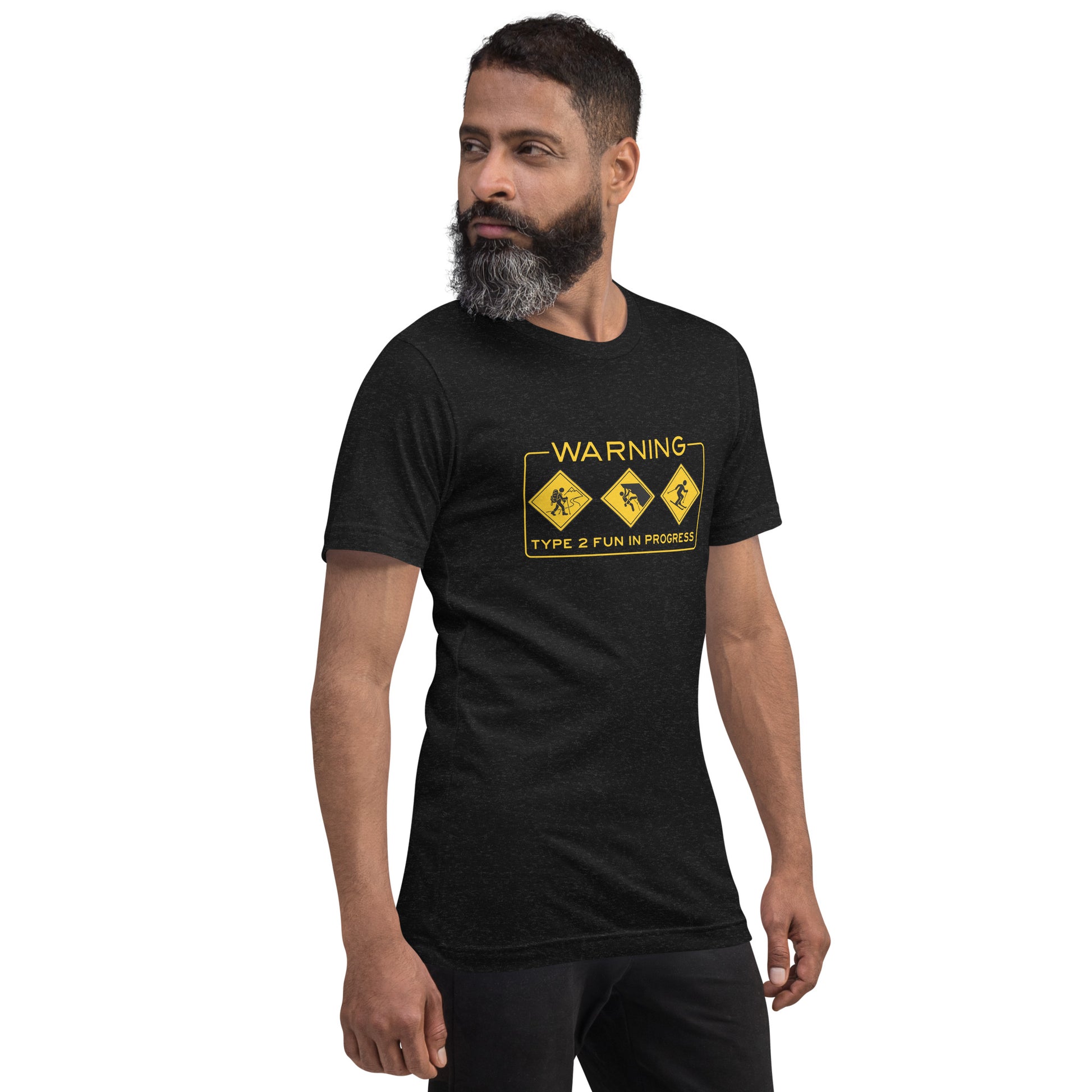 Black heather Knot Qualified T-shirt featuring "Warning Type 2 Fun In Progress" design, ideal for hiking, climbing, and skiing.