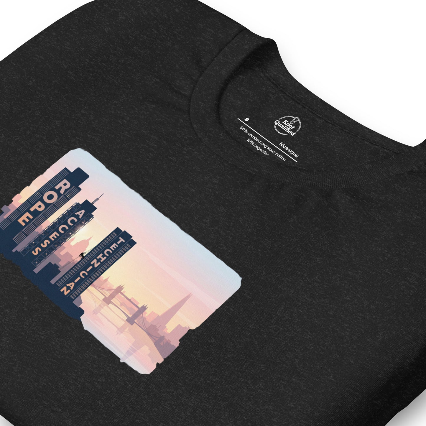Black heather unisex t-shirt featuring London skyline design, perfect for rope access technicians by Knot Qualified.
