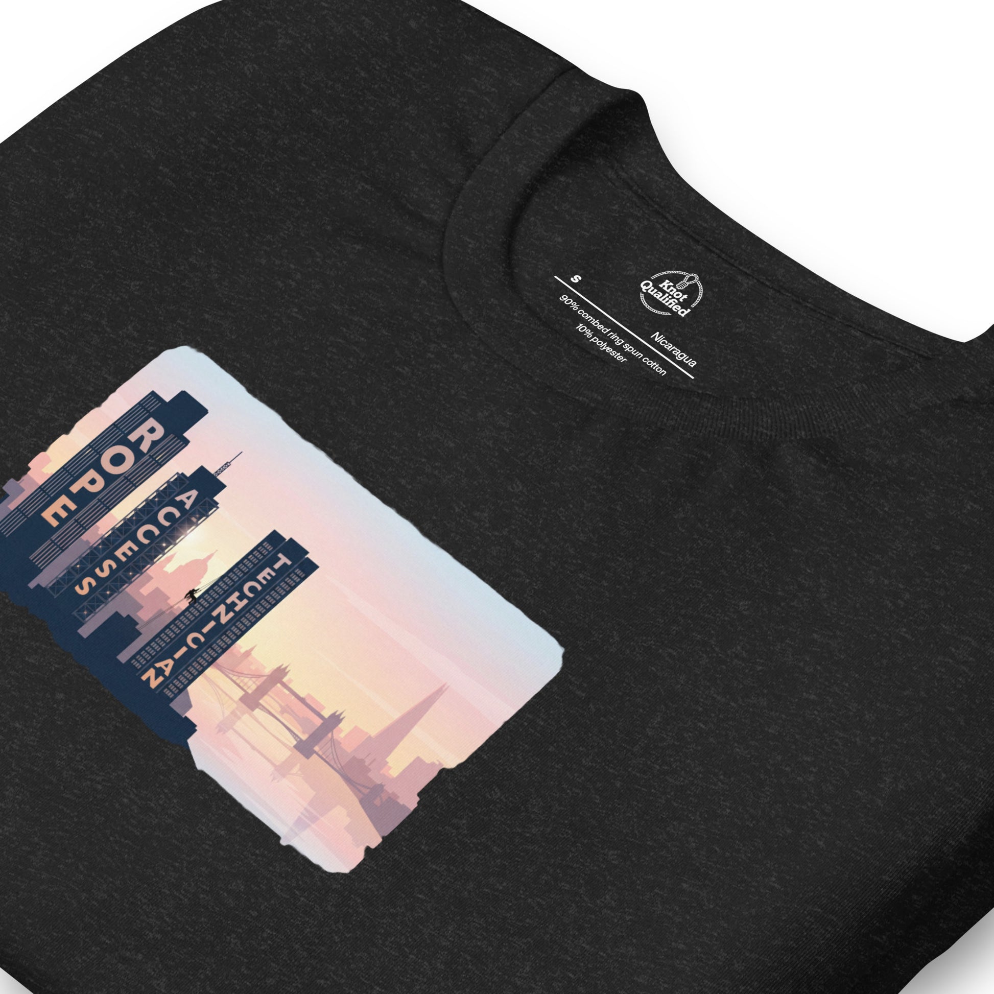 Black heather unisex t-shirt featuring London skyline design, perfect for rope access technicians by Knot Qualified.