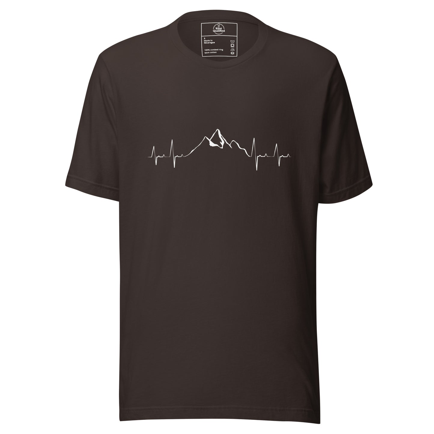 Brown unisex T-shirt from Knot Qualified featuring a mountain heartbeat graphic on the front.