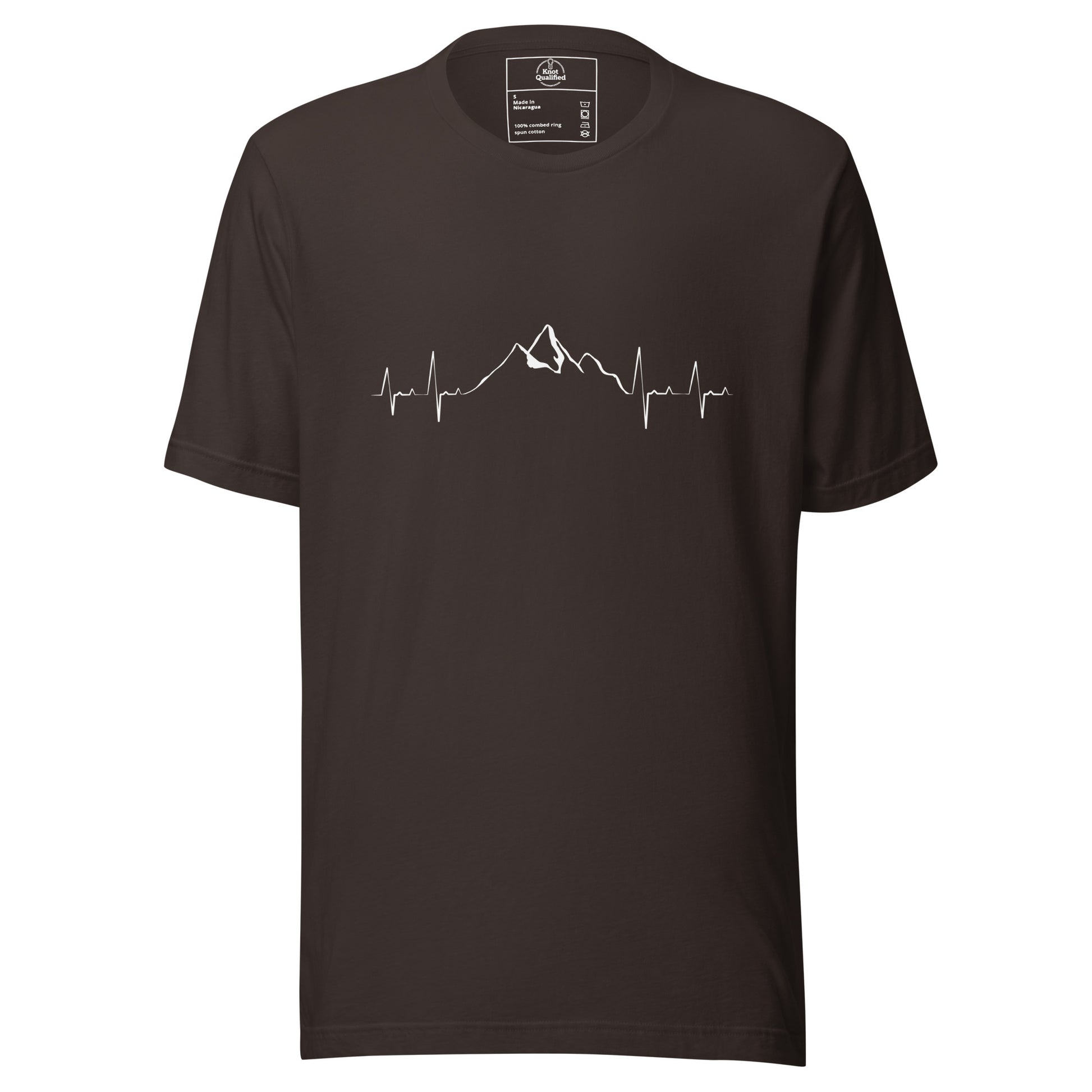 Brown unisex T-shirt from Knot Qualified featuring a mountain heartbeat graphic on the front.