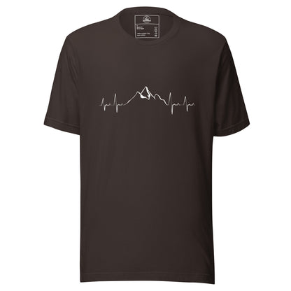 Brown unisex T-shirt from Knot Qualified featuring a mountain heartbeat graphic on the front.