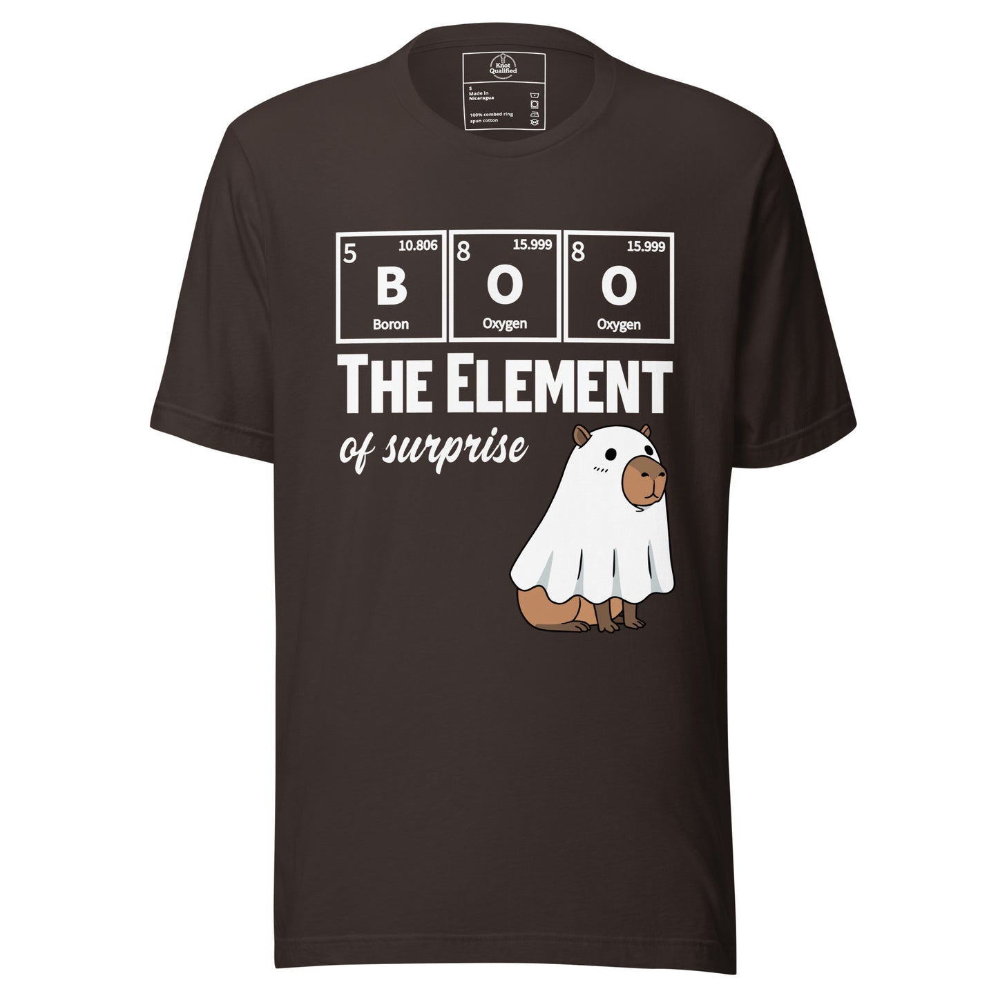 Brown unisex t-shirt featuring Boo the capybara ghost science design by Knot Qualified.