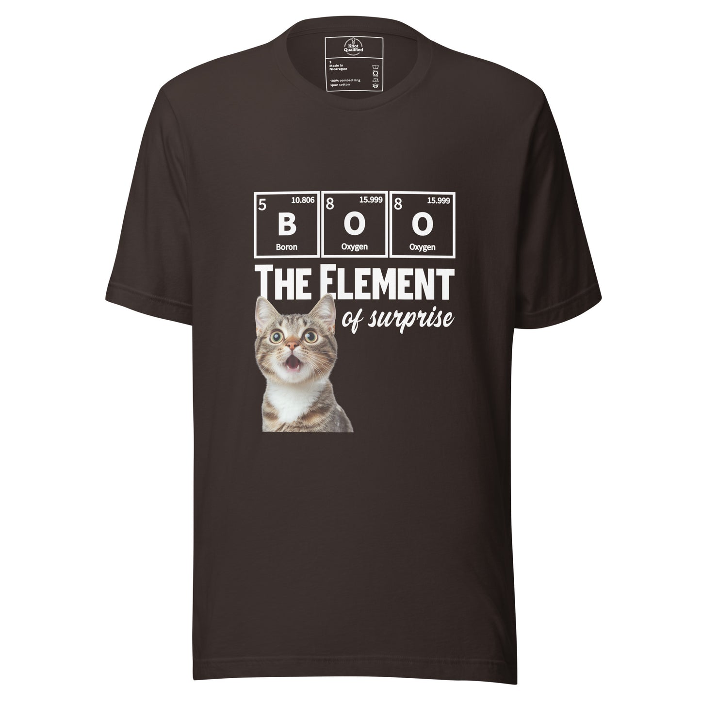 Brown unisex T-shirt by Knot Qualified featuring a cute kitten chemistry pun design on the front.