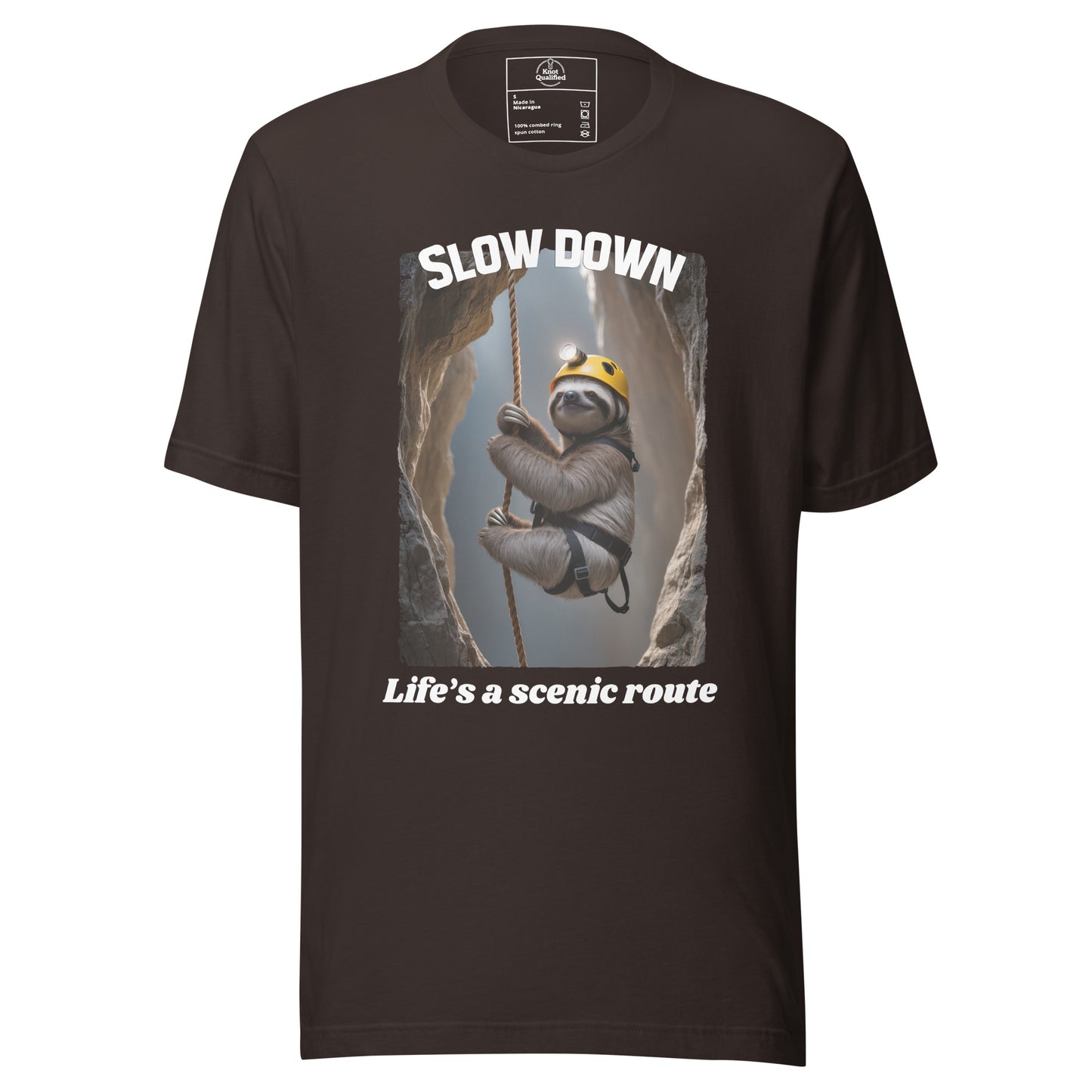 Brown unisex t-shirt by Knot Qualified featuring "Slow down Life’s a scenic route" graphic on the front.