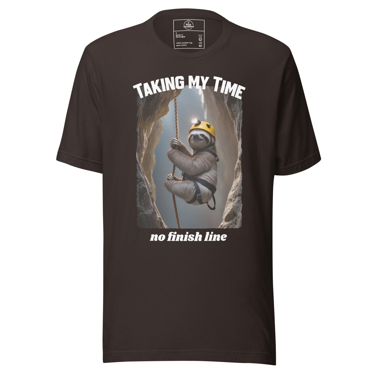 Unisex brown T-shirt from Knot Qualified featuring "Taking my Time, no finish line" graphic on the front.