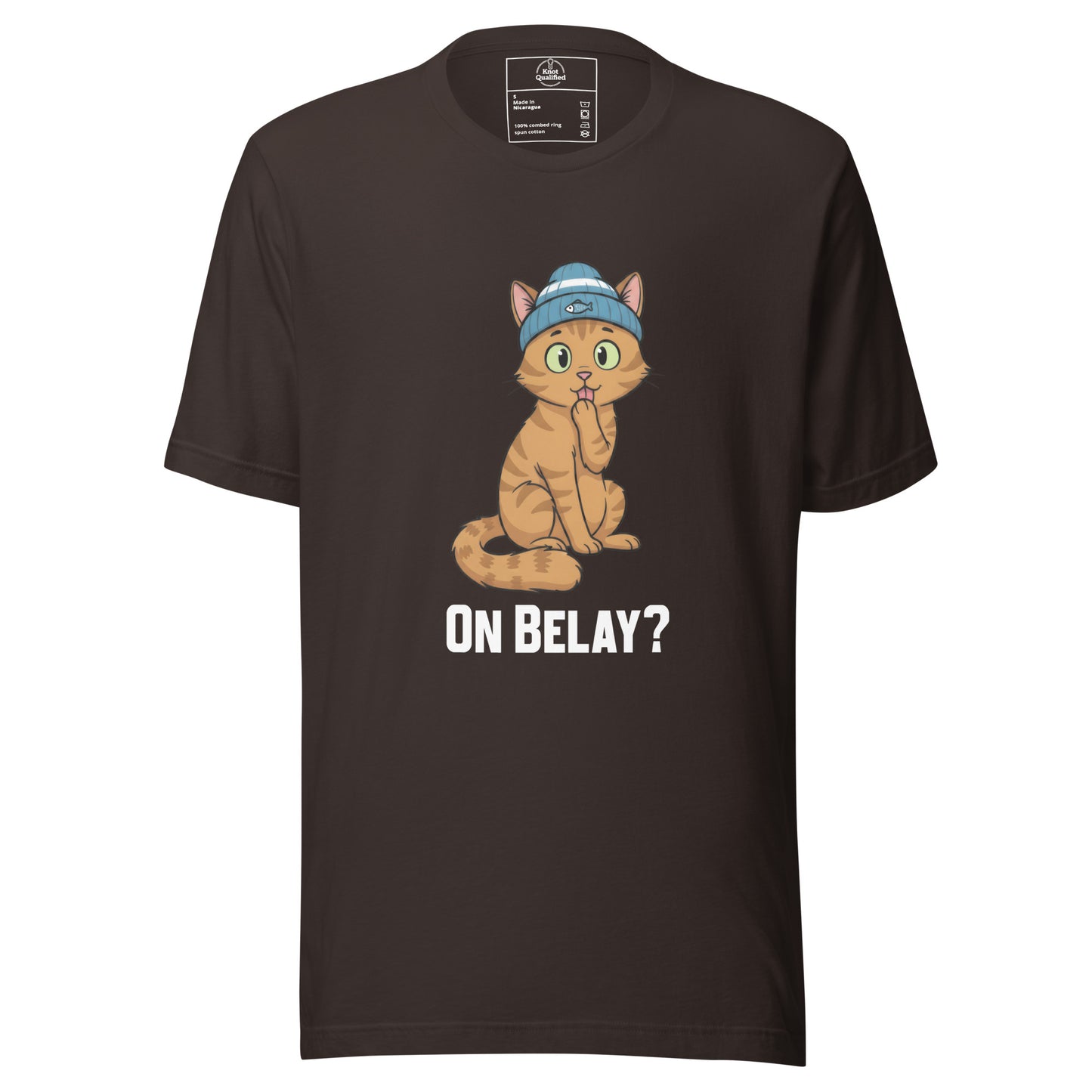 Brown unisex t-shirt featuring "On Belay Climbing Cat" graphic by Knot Qualified, ideal for climbing enthusiasts.