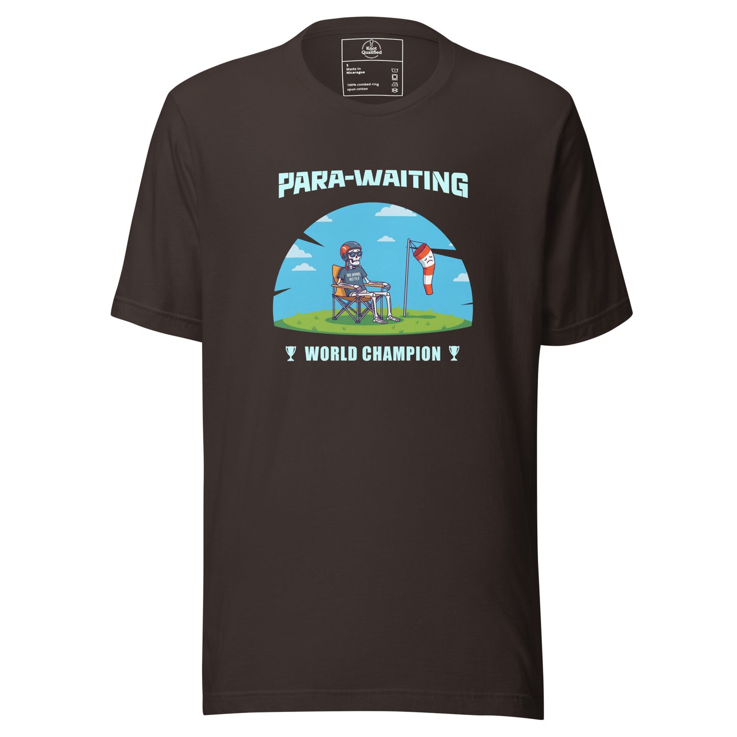 Brown unisex T-shirt featuring "Para-Waiting World Champion" graphic, ideal for paragliding and paramotor enthusiasts.
