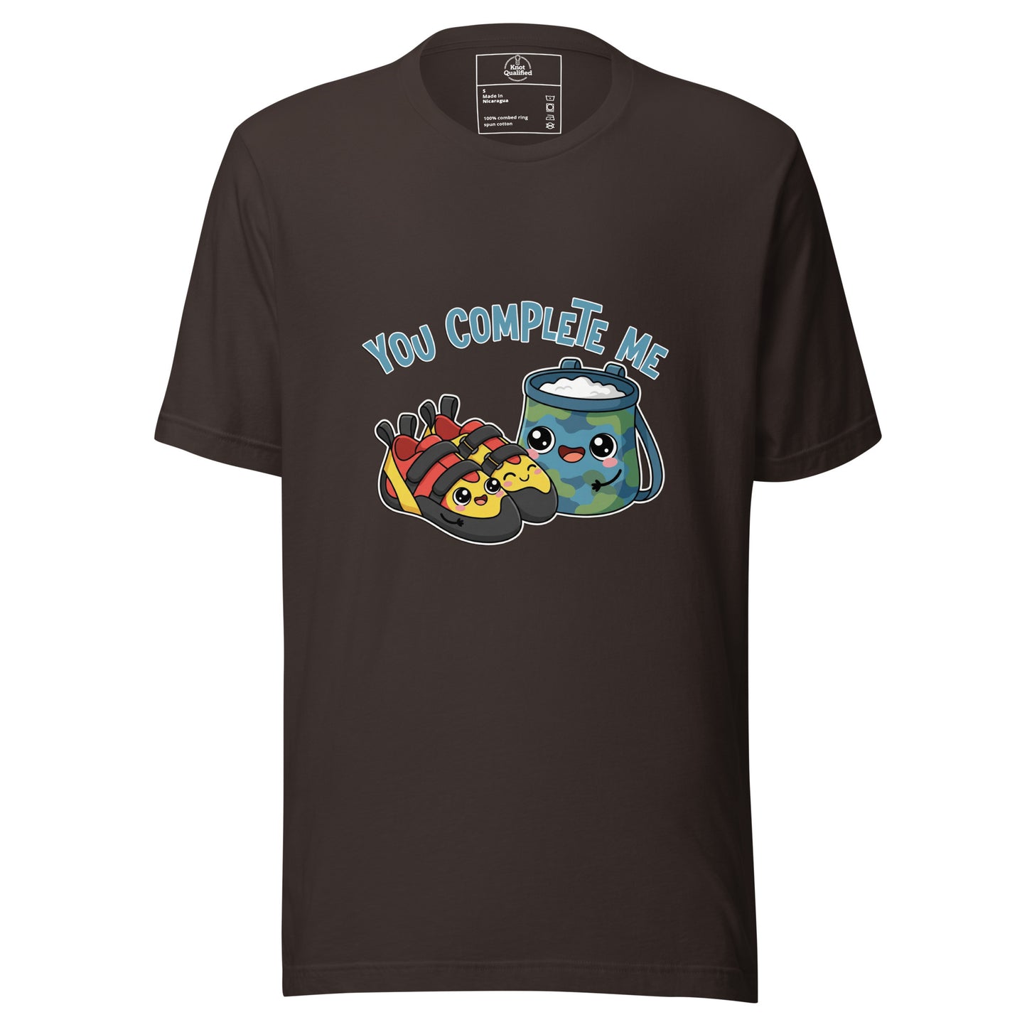 Brown unisex t-shirt featuring "You Complete Me" text, ideal for bouldering and climbing enthusiasts by Knot Qualified.