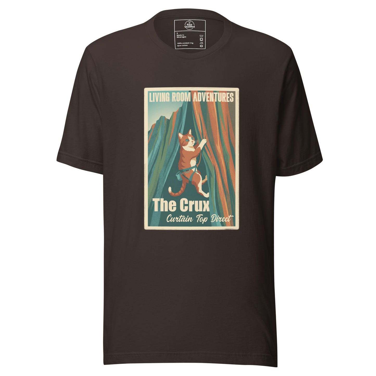 Brown unisex T-shirt by Knot Qualified featuring a funny rock climbing cat design, perfect for cat lovers.
