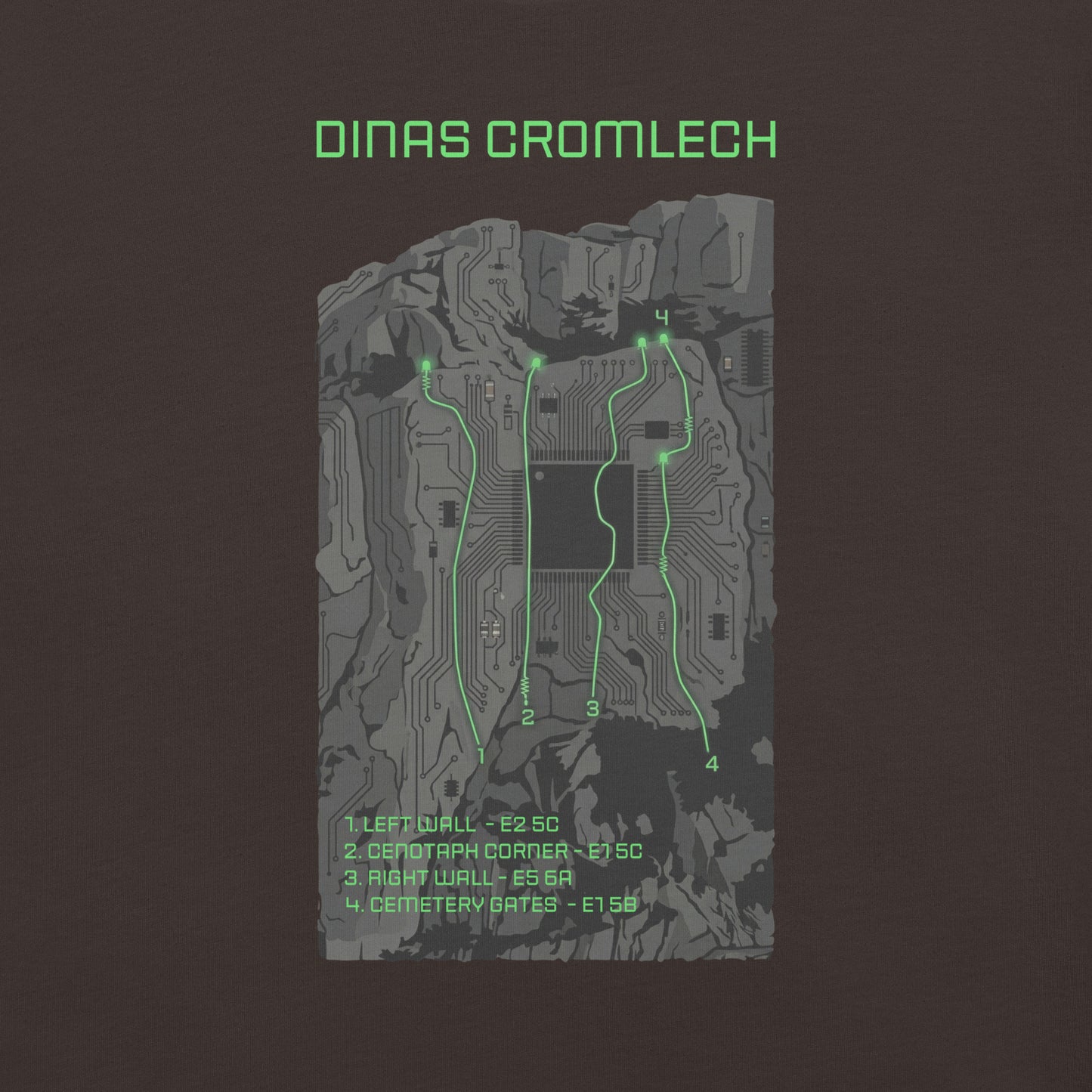 Brown unisex Cenotaph Corner Climbing Topo T-Shirt by Knot Qualified featuring Dinas Cromlech Trad Icon design.