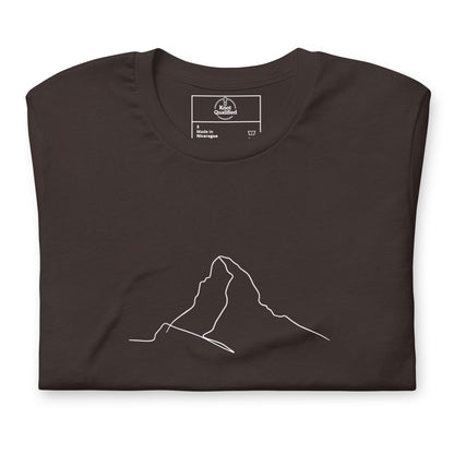 Brown unisex t-shirt featuring minimalist Matterhorn line art in Picasso style by Knot Qualified.