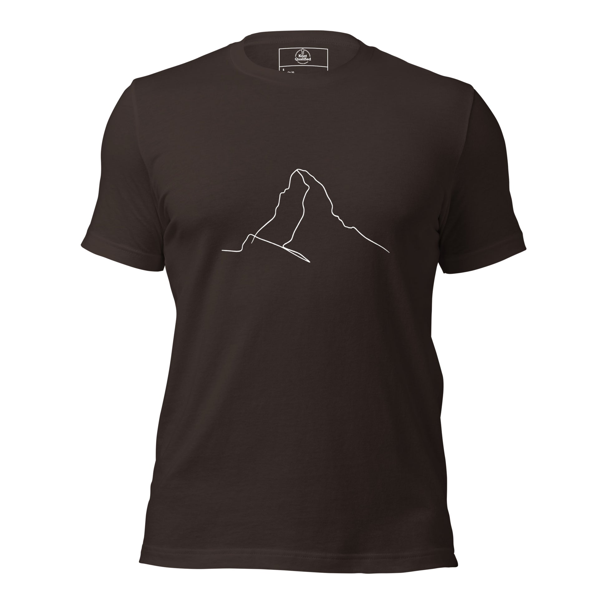 Brown unisex T-shirt featuring minimalist Matterhorn line art in Picasso style by Knot Qualified.