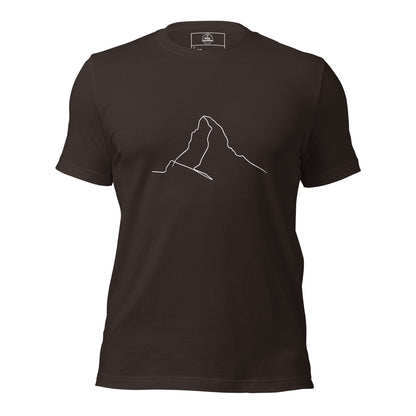 Brown unisex T-shirt featuring minimalist Matterhorn line art in Picasso style by Knot Qualified.