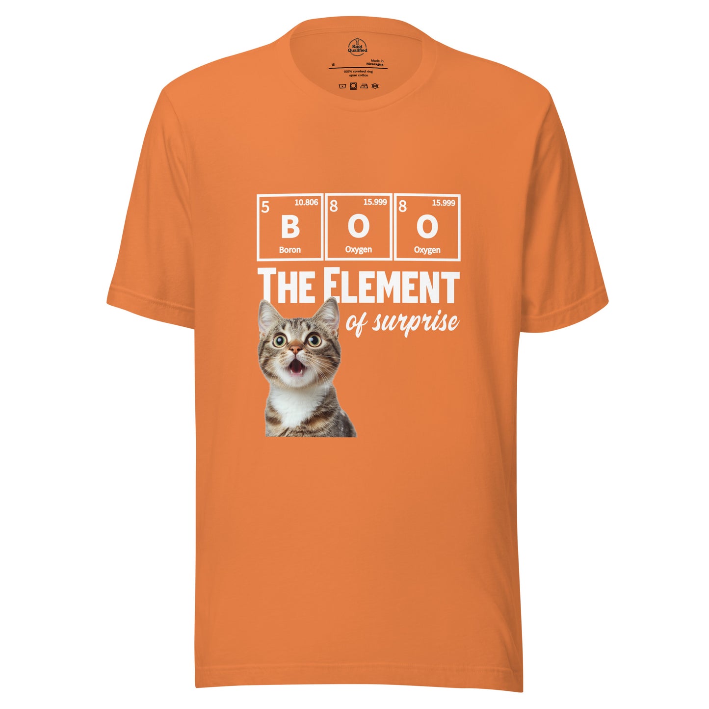 Unisex burnt orange T-shirt featuring a cute kitten chemistry pun by Knot Qualified.