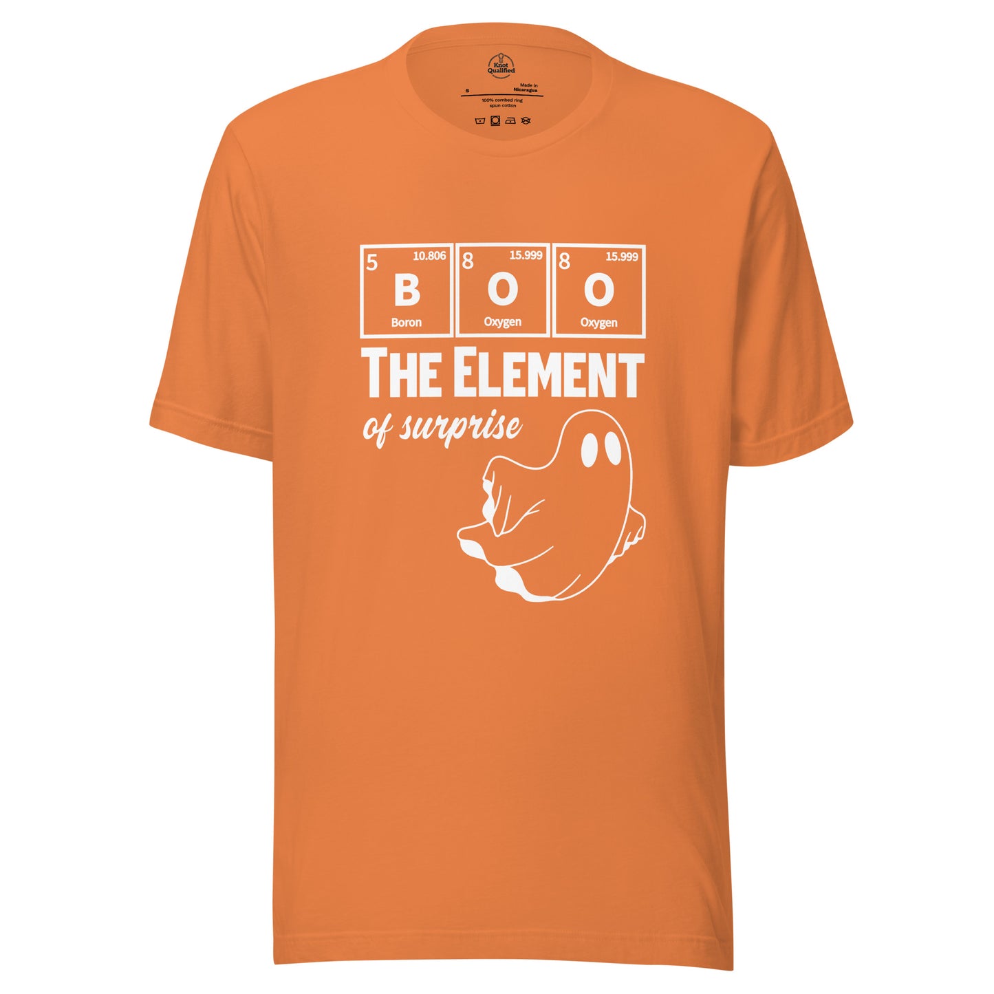 Burnt orange unisex t-shirt featuring a funny ghost design with a Halloween science pun by Knot Qualified.
