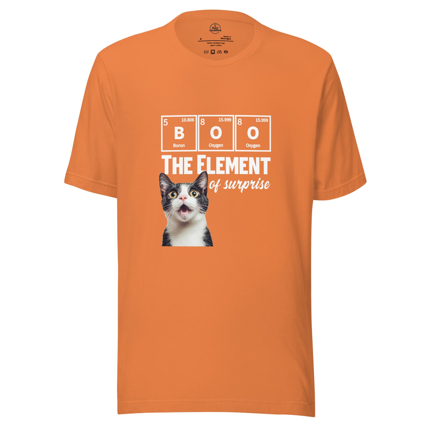 Unisex burnt orange T-shirt featuring a funny tuxedo cat science pun by Knot Qualified.