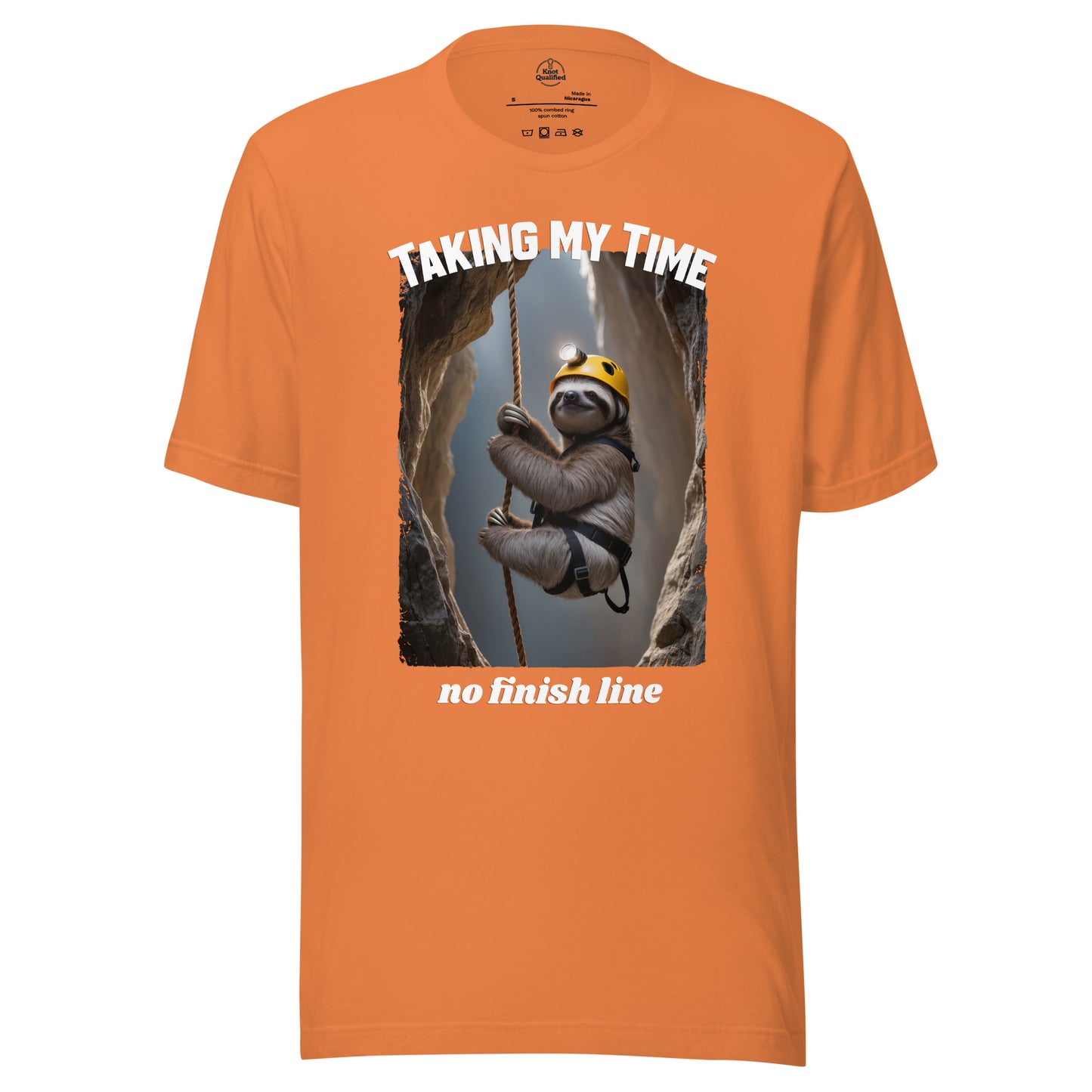Unisex burnt orange T-shirt from Knot Qualified featuring "Taking my Time, no finish line" graphic design on the front.