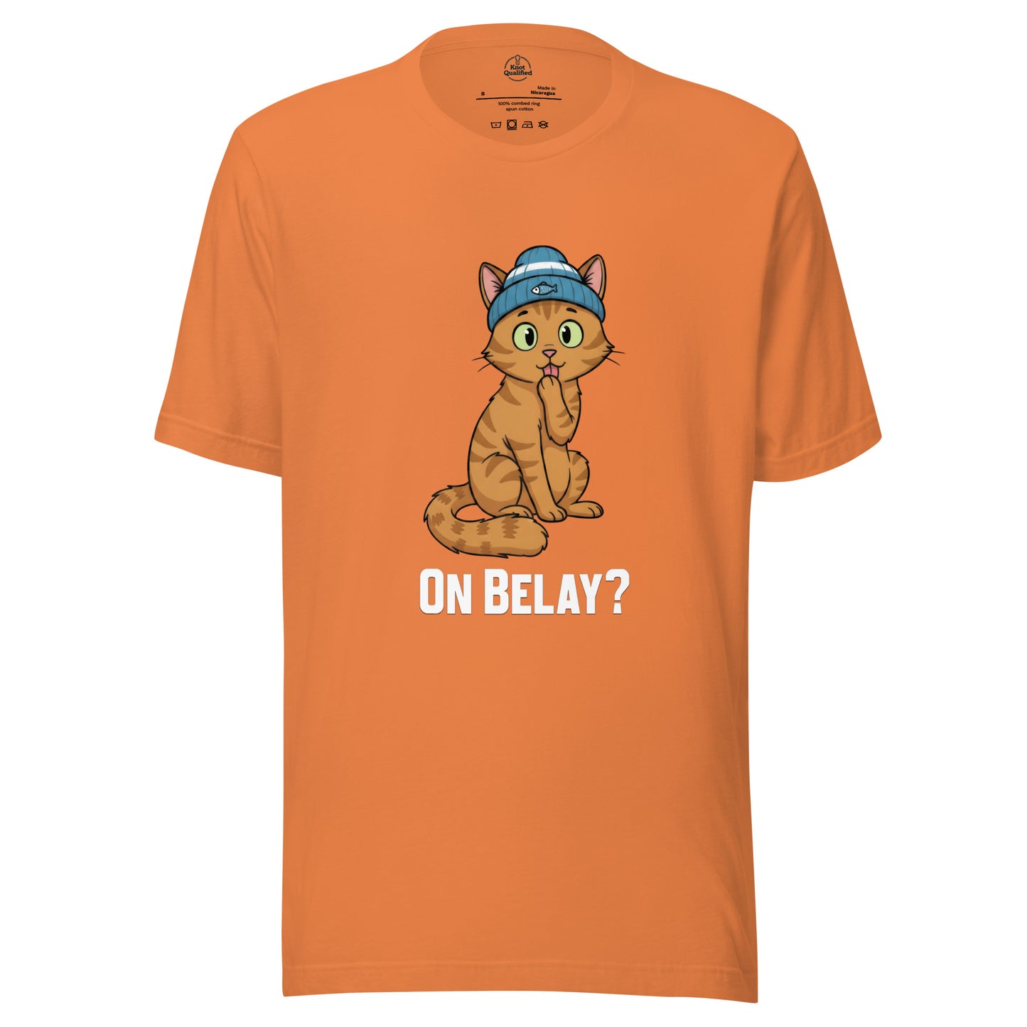 Burnt orange unisex t-shirt featuring "On Belay Climbing Cat" graphic by Knot Qualified.