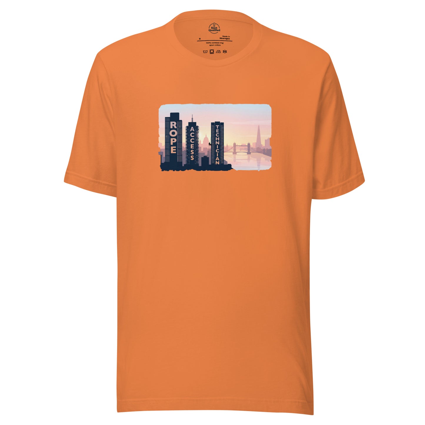 Unisex burnt orange Knot Qualified T-shirt featuring a London skyline design for rope access technicians.