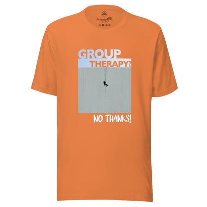 Burnt orange Knot Qualified T-shirt featuring "Group Therapy? No Thanks." design for rope access technicians.