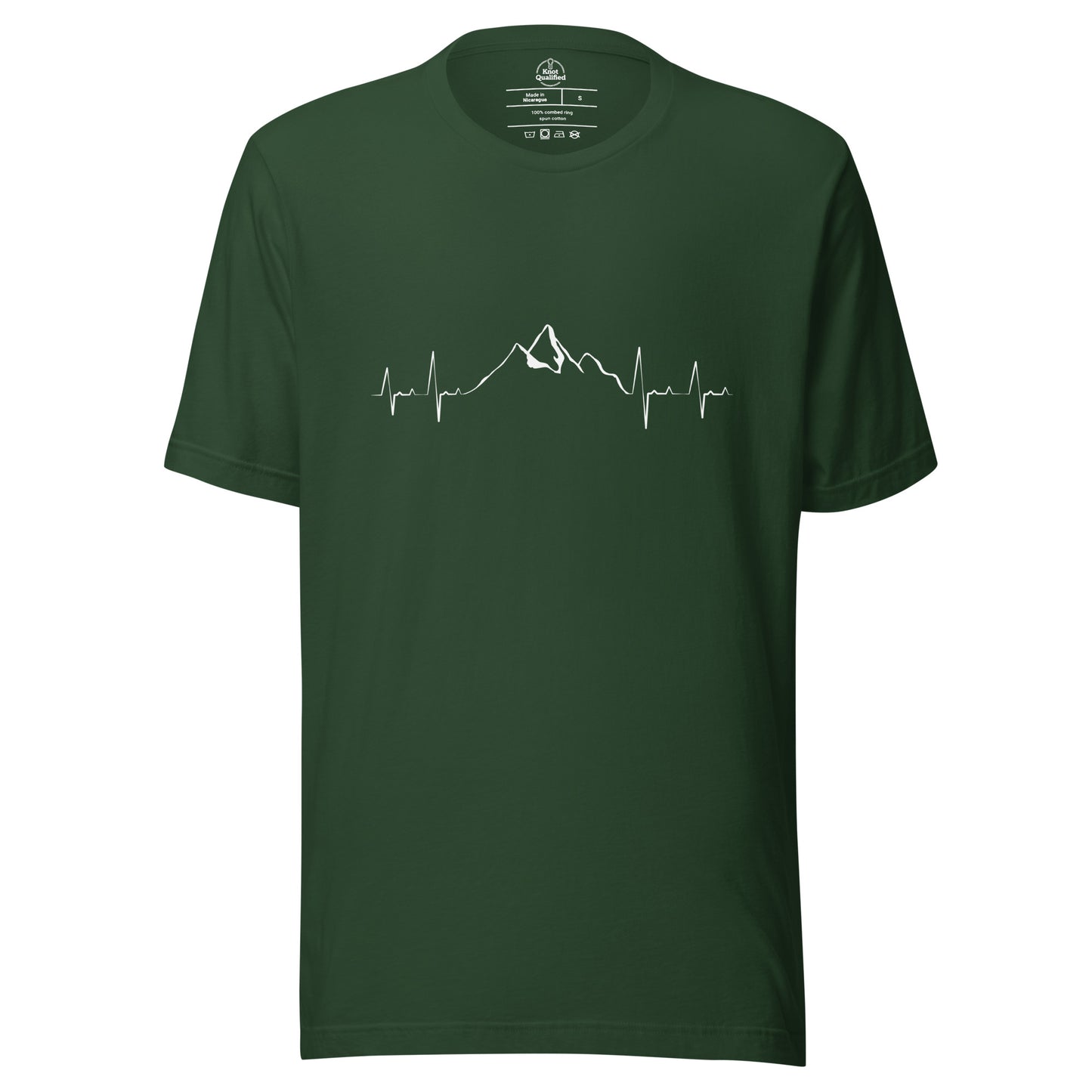 Forest green unisex T-shirt featuring a mountain heartbeat graphic by Knot Qualified, displayed from the front.