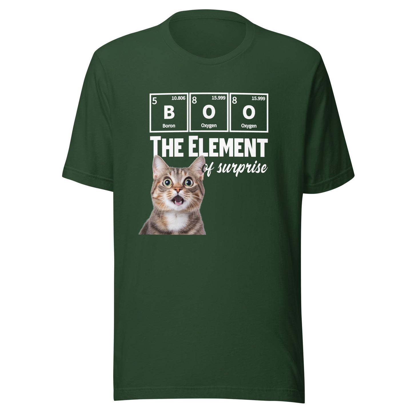 Unisex Knot Qualified Cat Tee in forest green featuring a playful graphic design of BOO the cat on the front.