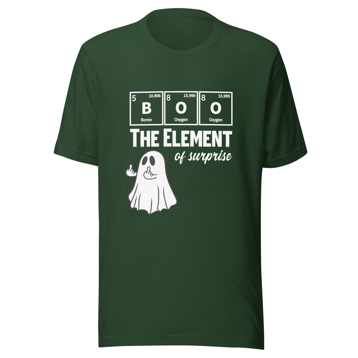 Unisex forest green t-shirt featuring a funny ghost graphic with a science pun for Halloween by Knot Qualified.