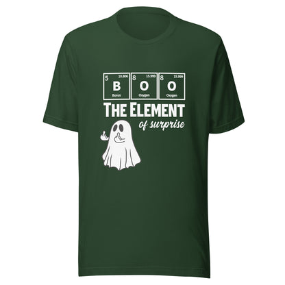 Unisex forest green t-shirt featuring a funny ghost graphic with a science pun for Halloween by Knot Qualified.