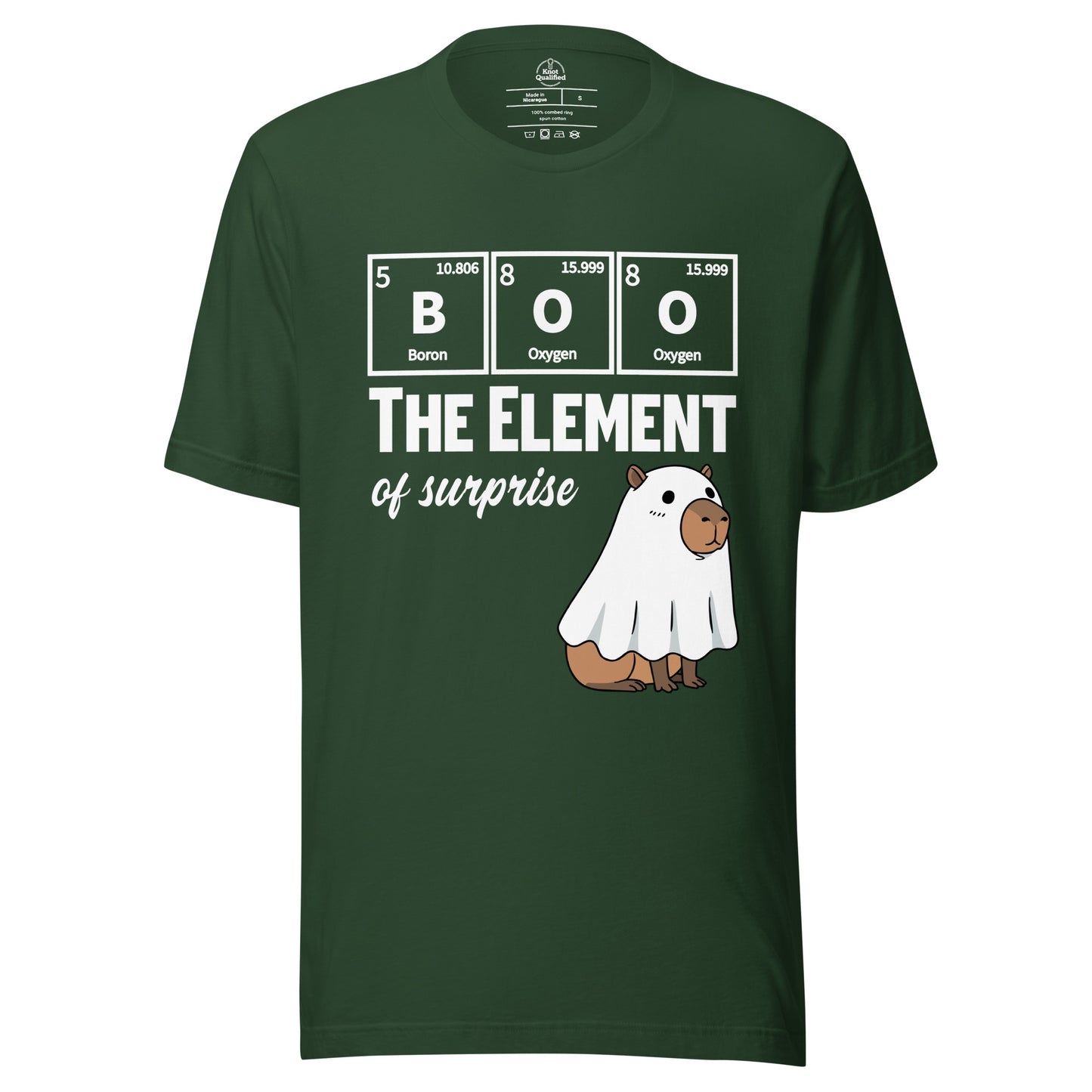 Unisex forest green t-shirt featuring a funny capybara ghost science design by Knot Qualified.