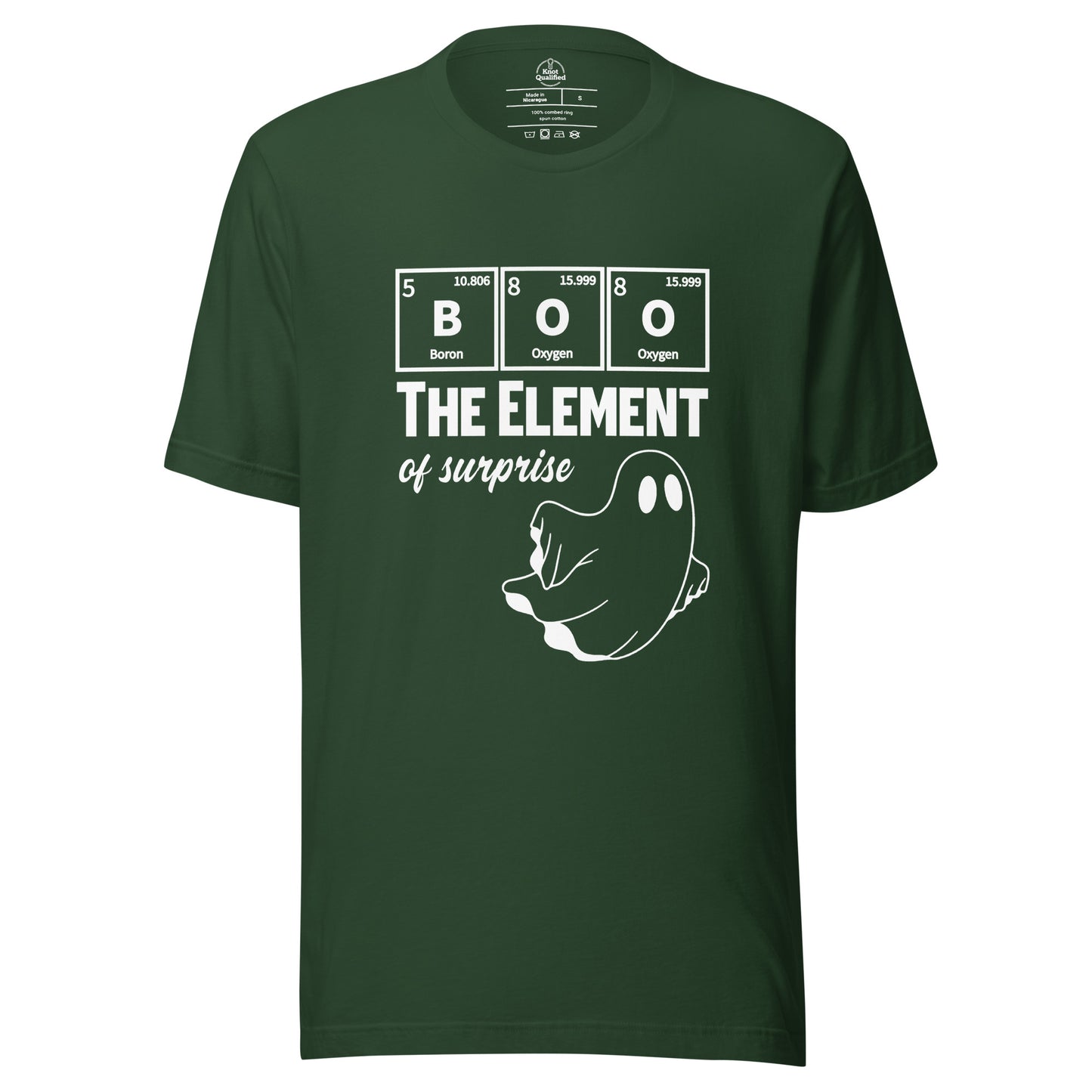 Unisex forest green t-shirt featuring a funny ghost design with a Halloween science pun by Knot Qualified.