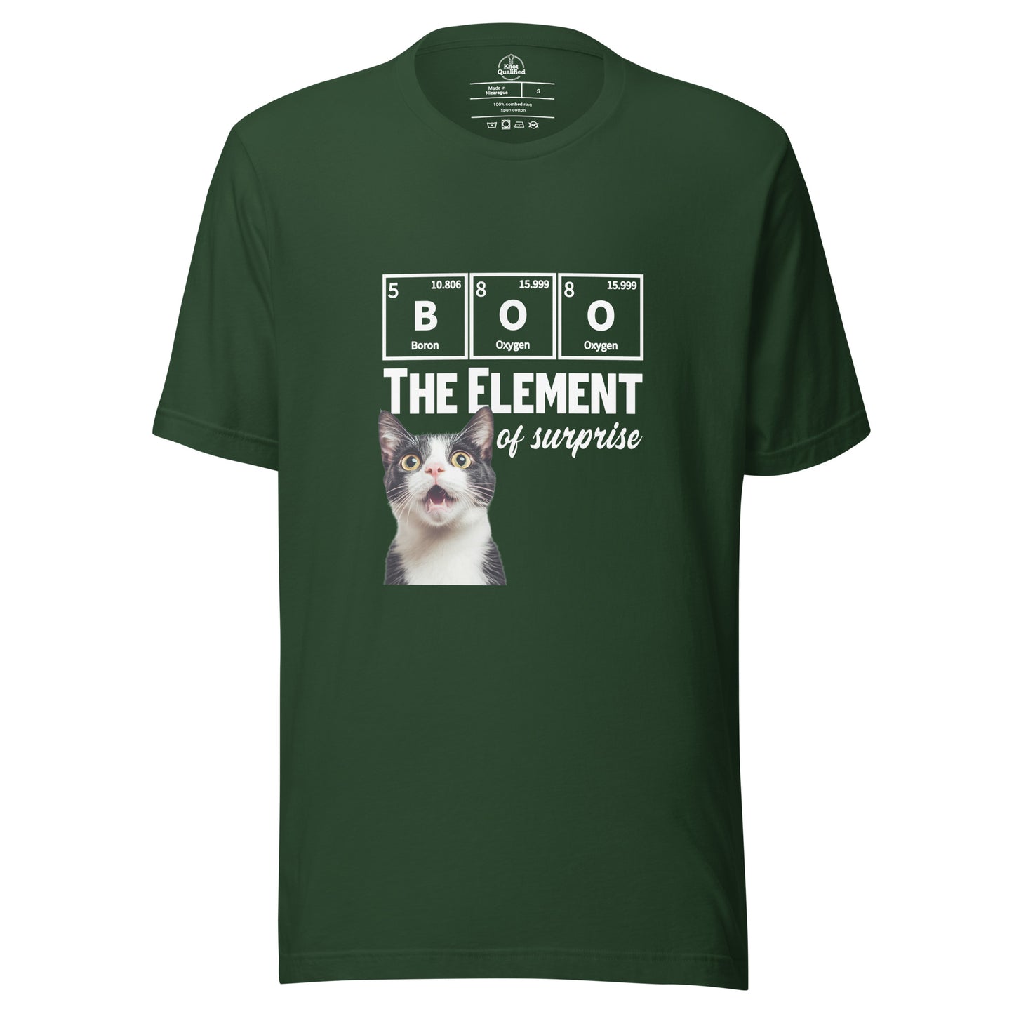 Forest green unisex T-shirt featuring a funny tuxedo cat science pun by Knot Qualified.