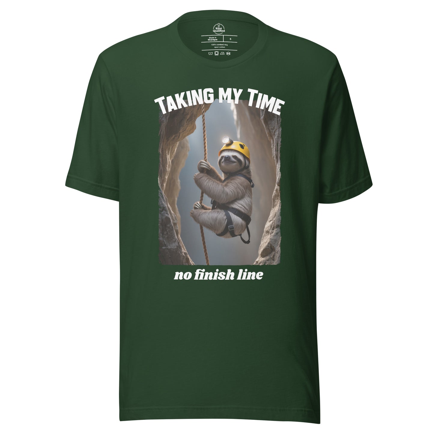 Unisex Knot Qualified T-shirt in forest green featuring "Taking my Time, no finish line" printed on the front.