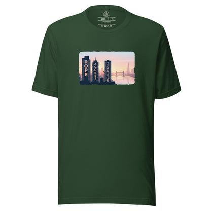 Unisex Knot Qualified T-shirt featuring a London skyline design, perfect for rope access technicians and high-altitude workers.