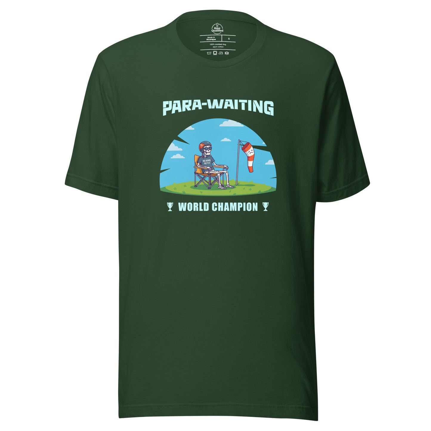 Unisex Knot Qualified T-Shirt featuring "Para-Waiting World Champion" design on a forest green background.
