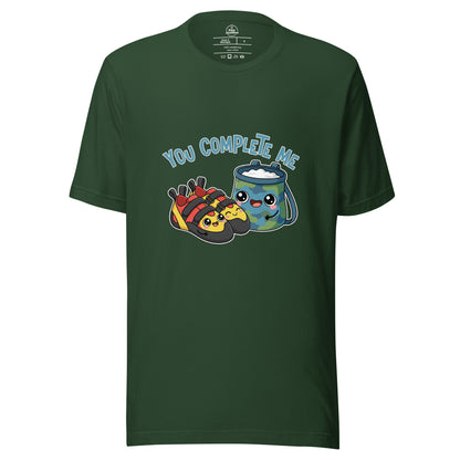 Unisex Knot Qualified T-shirt in forest green featuring "You Complete Me" graphic for rock climbing enthusiasts.