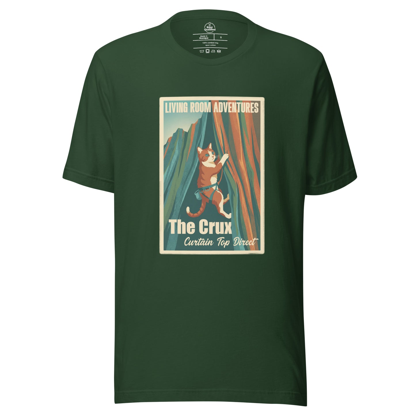 Unisex forest green T-shirt featuring a funny rock climbing cat design by Knot Qualified.