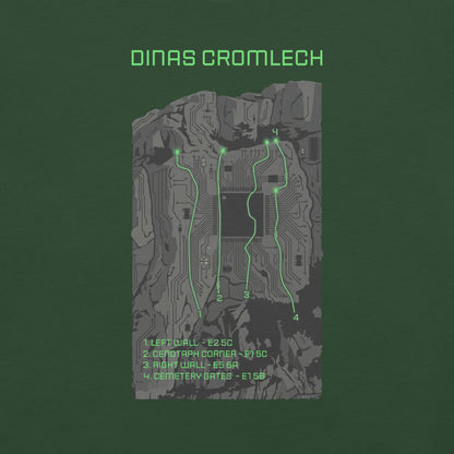 Cenotaph Corner Climbing Topo T-Shirt in forest green, featuring Dinas Cromlech Trad Icon graphic on front.